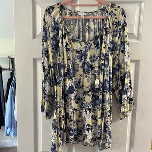 Floral Tie-Front Top in Yellow and Navy